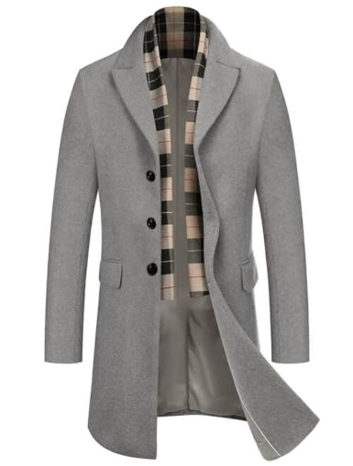 COOFANDY Men's Wool Blend Coat with Detachable Plaid Scarfs Notched Collar Single Breasted Pea Coat