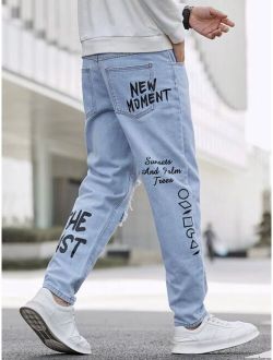 Men Letter Graphic Ripped Tapered Jeans