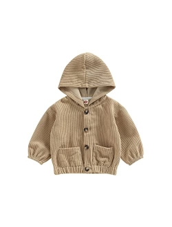 Gueuusu Unisex Baby Corduroy Shacket Jacket Boys Girls Long Sleeve Button Down Color Block Hooded Coat with Pockets Outwear