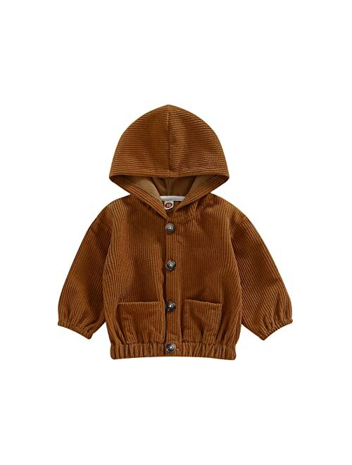 Gueuusu Unisex Baby Corduroy Shacket Jacket Boys Girls Long Sleeve Button Down Color Block Hooded Coat with Pockets Outwear