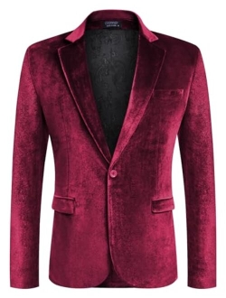 Men's Velvet Blazer Notched Lapel Velour Suit Jacket One Button Tuxedo Jackets for Wedding Prom Party Dinner