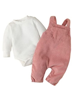 Frloony Newborn Baby Girl Clothes Solid Ribbed Long Sleeve Romper + Corduroy Overalls Pants Set Infant Winter Outfits 2Pcs