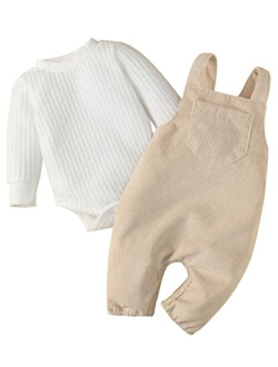 Frloony Newborn Baby Girl Clothes Solid Ribbed Long Sleeve Romper + Corduroy Overalls Pants Set Infant Winter Outfits 2Pcs