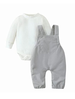 Frloony Newborn Baby Girl Clothes Solid Ribbed Long Sleeve Romper + Corduroy Overalls Pants Set Infant Winter Outfits 2Pcs