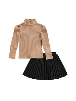 Rsrzrcj Kids Toddler Baby Girl Fall Winter Outfit Long Sleeve Pompom Knitted Shirt Sweater Top Button Skirt 2PCS Clothes Set