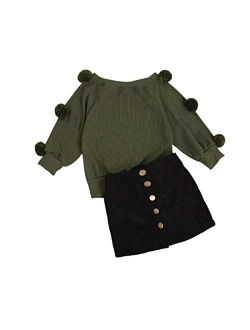 Rsrzrcj Kids Toddler Baby Girl Fall Winter Outfit Long Sleeve Pompom Knitted Shirt Sweater Top Button Skirt 2PCS Clothes Set