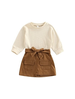 Rsrzrcj Kids Toddler Baby Girl Fall Winter Outfit Long Sleeve Pompom Knitted Shirt Sweater Top Button Skirt 2PCS Clothes Set