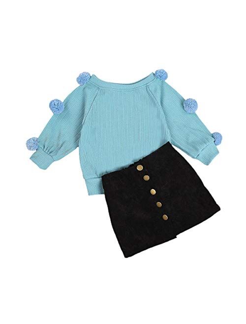 Rsrzrcj Kids Toddler Baby Girl Fall Winter Outfit Long Sleeve Pompom Knitted Shirt Sweater Top Button Skirt 2PCS Clothes Set