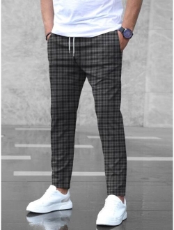 Men Plaid Drawstring Waist Pants