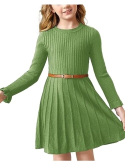 Pengfei Little Girls Knit Sweater Dress Long Sleeve Ribbed Ruffle Dress Kids Pullover Dresses