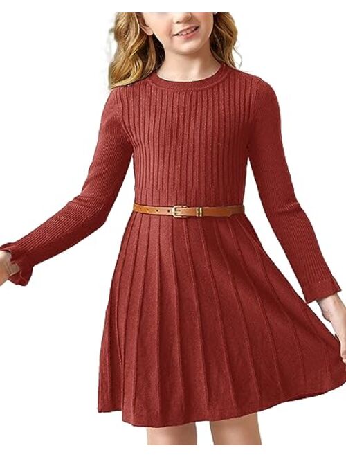 Pengfei Little Girls Knit Sweater Dress Long Sleeve Ribbed Ruffle Dress Kids Pullover Dresses