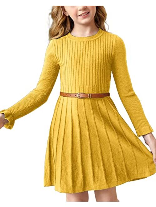 Pengfei Little Girls Knit Sweater Dress Long Sleeve Ribbed Ruffle Dress Kids Pullover Dresses