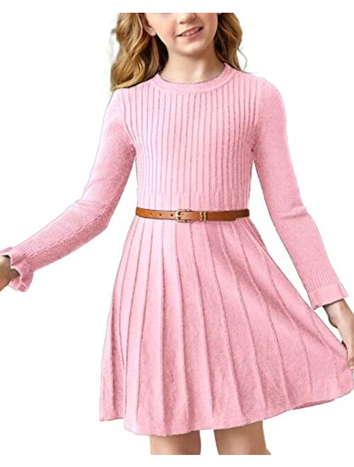 Pengfei Little Girls Knit Sweater Dress Long Sleeve Ribbed Ruffle Dress Kids Pullover Dresses