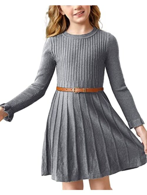 Pengfei Little Girls Knit Sweater Dress Long Sleeve Ribbed Ruffle Dress Kids Pullover Dresses