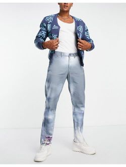 Liquor N Poker straight leg denim jeans in blue with placement landscape print