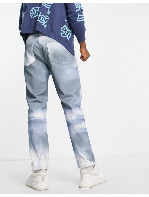 Liquor N Poker straight leg denim jeans in blue with placement landscape print