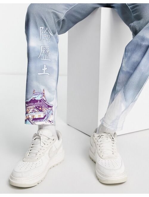 Liquor N Poker straight leg denim jeans in blue with placement landscape print