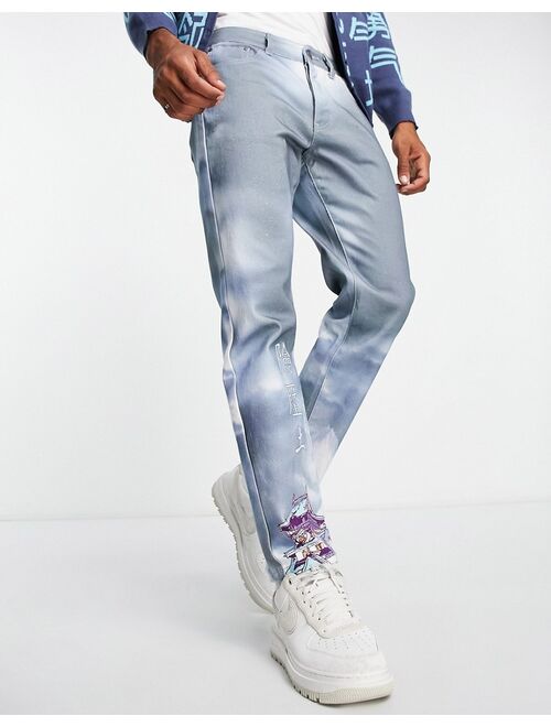 Liquor N Poker straight leg denim jeans in blue with placement landscape print