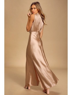 Classic Elegance Wine Satin Sleeveless Mock Neck Maxi Dress