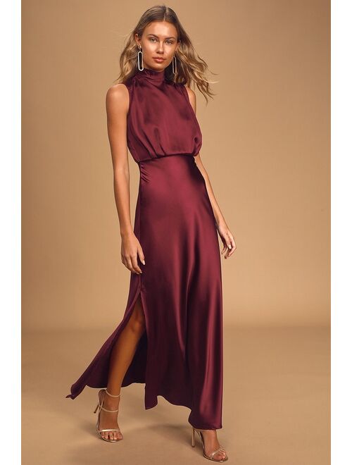 Lulus Classic Elegance Wine Satin Sleeveless Mock Neck Maxi Dress