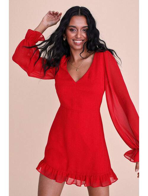 Lulus Sheer Attraction Red Long Sleeve Ruffled Mini Dress