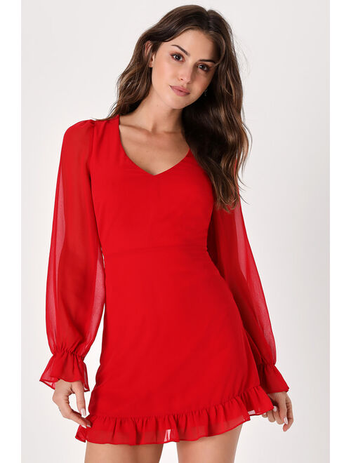 Lulus Sheer Attraction Red Long Sleeve Ruffled Mini Dress