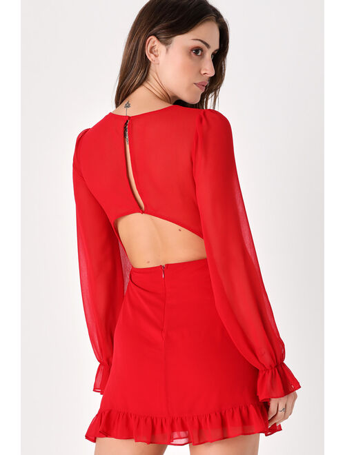 Lulus Sheer Attraction Red Long Sleeve Ruffled Mini Dress