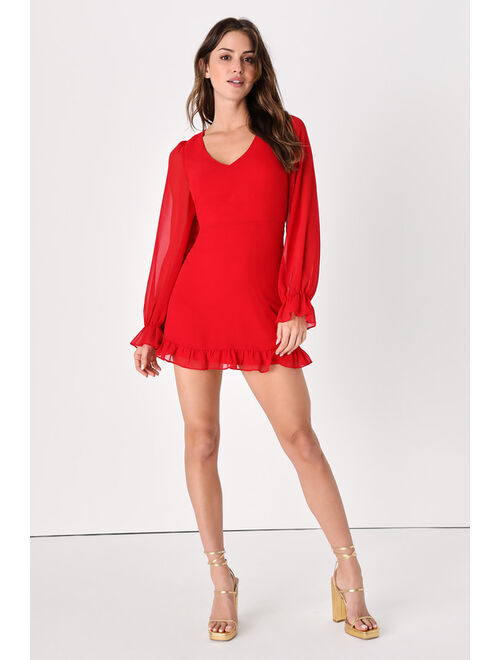 Lulus Sheer Attraction Red Long Sleeve Ruffled Mini Dress