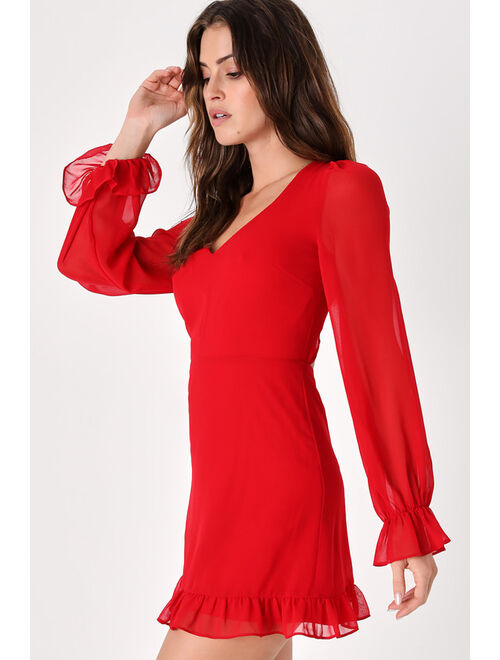 Lulus Sheer Attraction Red Long Sleeve Ruffled Mini Dress