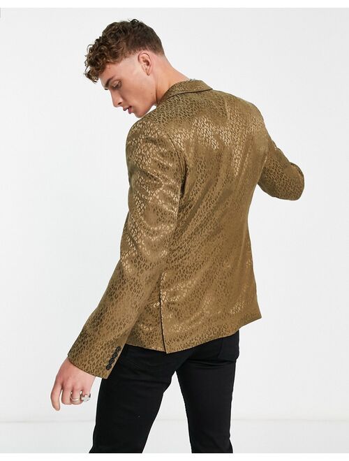 ASOS DESIGN slim blazer in tonal khaki green leopard