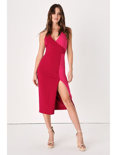 Lulus Cocktail Commotion Red Color Block Halter Bodycon Midi Dress