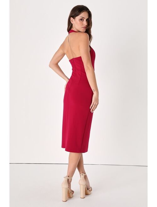 Lulus Cocktail Commotion Red Color Block Halter Bodycon Midi Dress