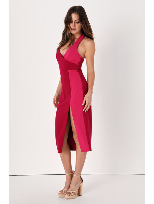 Lulus Cocktail Commotion Red Color Block Halter Bodycon Midi Dress