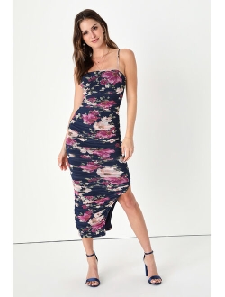 Stun and Only Pink Floral Print Ruched Mesh Bodycon Midi Dress