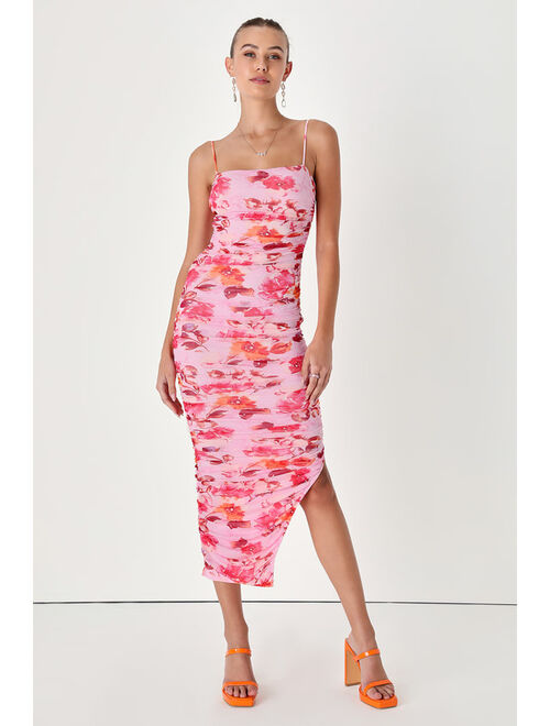 Lulus Stun and Only Pink Floral Print Ruched Mesh Bodycon Midi Dress