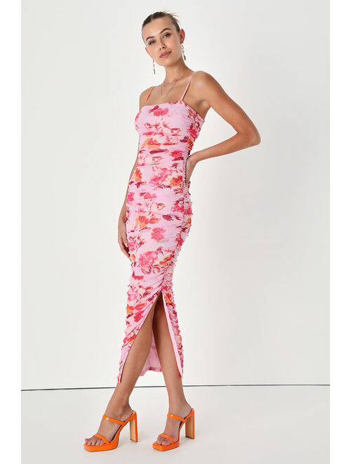 Lulus Stun and Only Pink Floral Print Ruched Mesh Bodycon Midi Dress