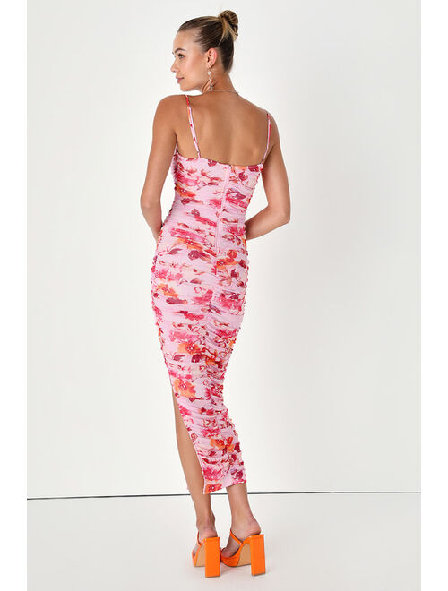 Lulus Stun and Only Pink Floral Print Ruched Mesh Bodycon Midi Dress