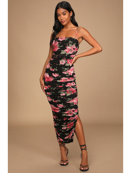 Lulus Stun and Only Pink Floral Print Ruched Mesh Bodycon Midi Dress