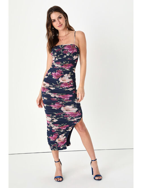 Lulus Stun and Only Pink Floral Print Ruched Mesh Bodycon Midi Dress