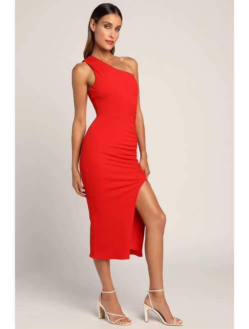 Lulus Centered on Style Red One-Shoulder Bodycon Midi Dress