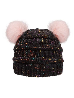 ACTLATI Kids Winter Knitted Beanie Hat Colorful Pompom Ears Ski Hat for Boy Girl(Ages 7-12)