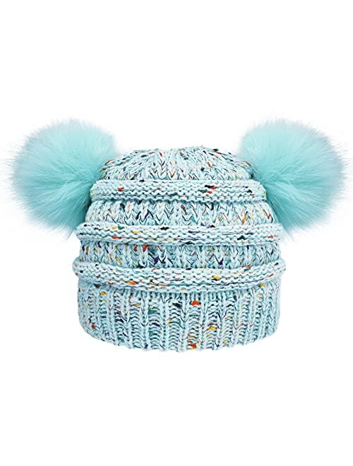 ACTLATI Kids Winter Knitted Beanie Hat Colorful Pompom Ears Ski Hat for Boy Girl(Ages 7-12)