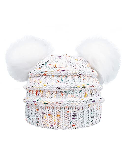 ACTLATI Kids Winter Knitted Beanie Hat Colorful Pompom Ears Ski Hat for Boy Girl(Ages 7-12)