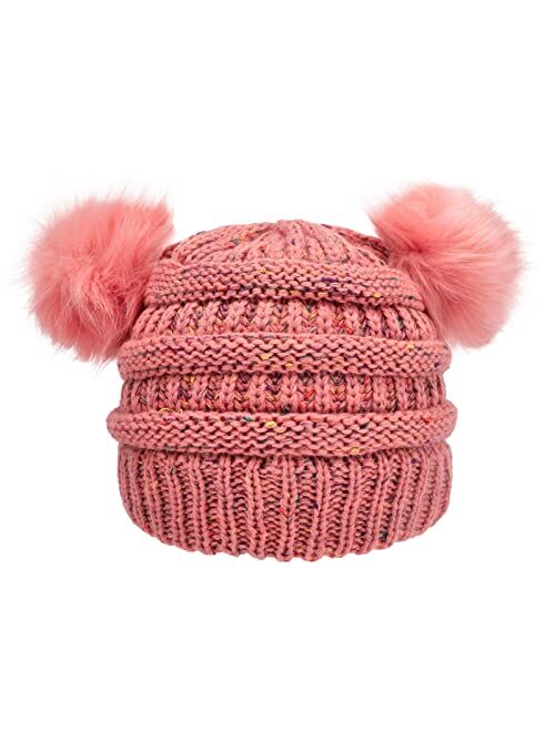 ACTLATI Kids Winter Knitted Beanie Hat Colorful Pompom Ears Ski Hat for Boy Girl(Ages 7-12)