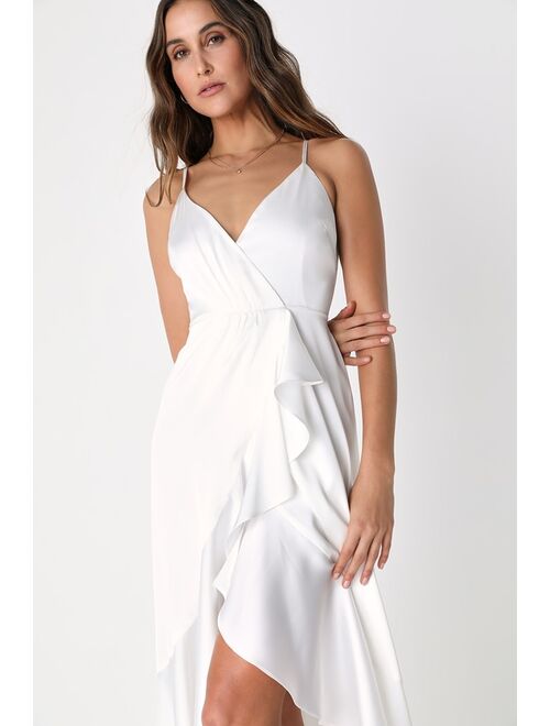 Lulus Enchanted Moments White Satin Ruffled High-Low Dress