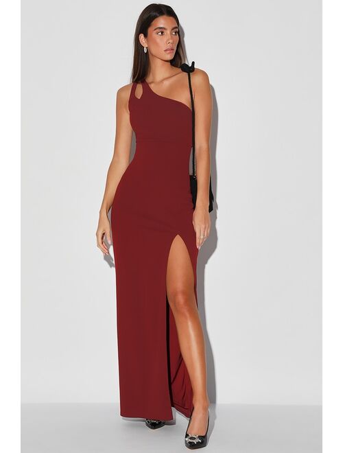 Lulus Simply Beautiful Burgundy One-Shoulder Cutout Maxi Dress