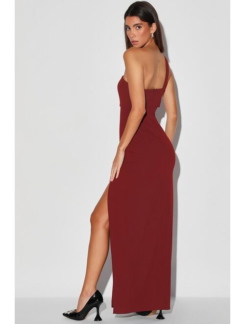 Lulus Simply Beautiful Burgundy One-Shoulder Cutout Maxi Dress