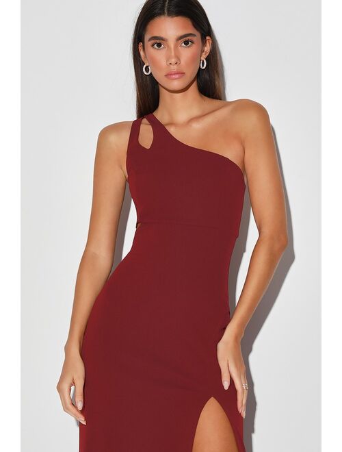 Lulus Simply Beautiful Burgundy One-Shoulder Cutout Maxi Dress