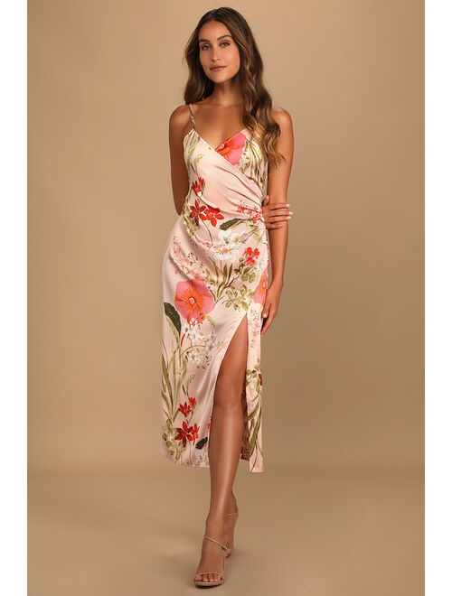 Lulus Remarkable Entrance Pink Floral Print Satin Midi Dress