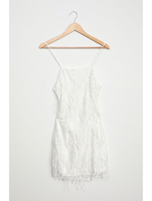 Lulus Making Magic White Fringe Lace-Up Mini Dress